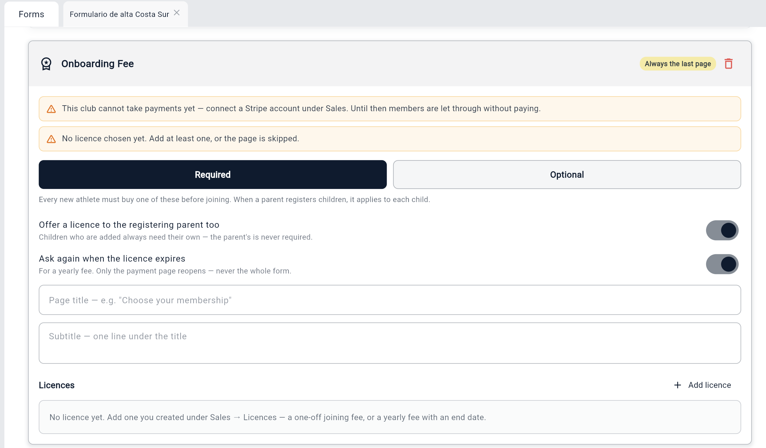 The Onboarding Fee question card in the form editor: Required / Optional selector, the two switches, page title and subtitle fields, and the empty Licences list with the Add licence button