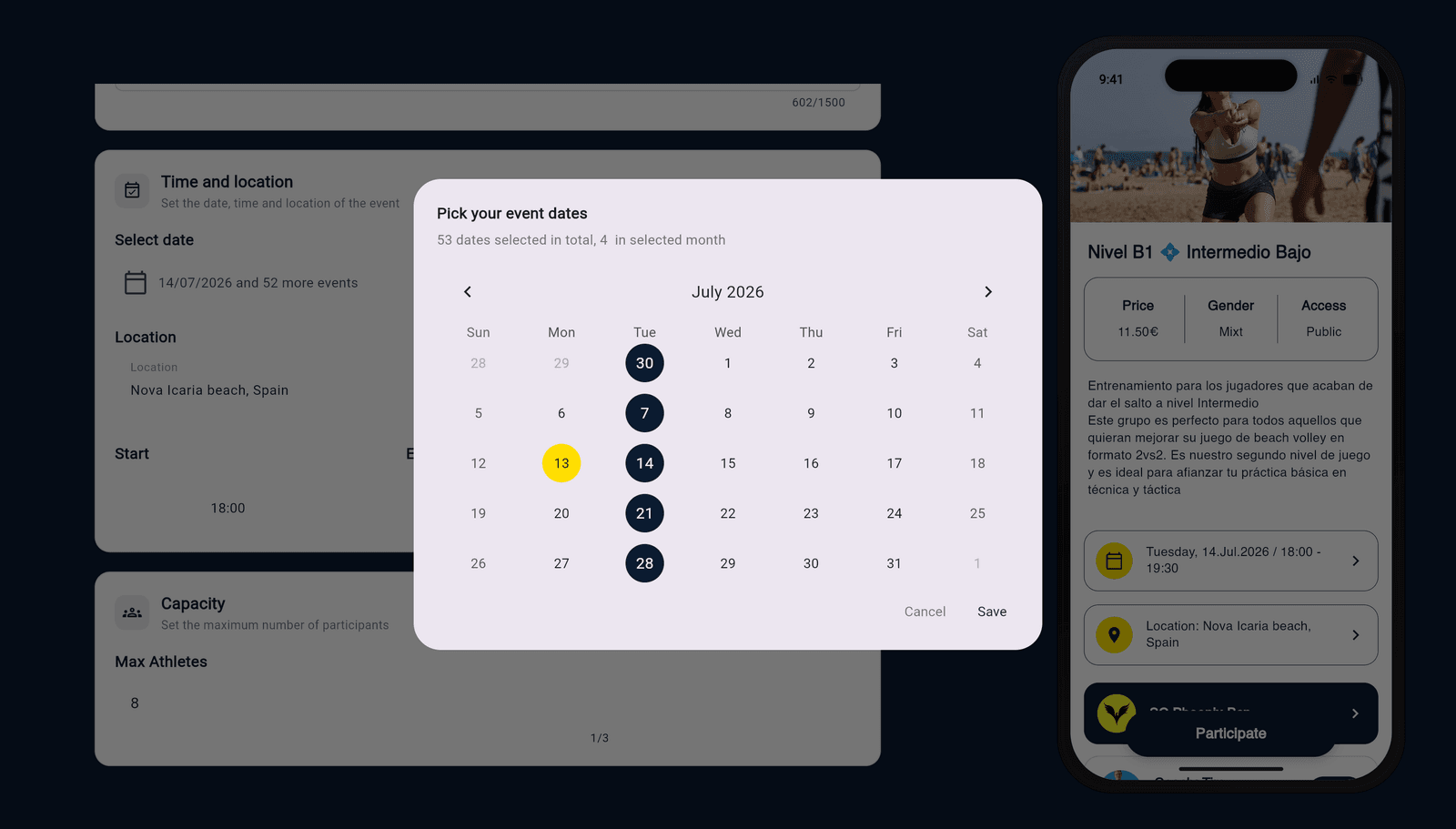 La finestra Pick your event dates con diversi giorni selezionati