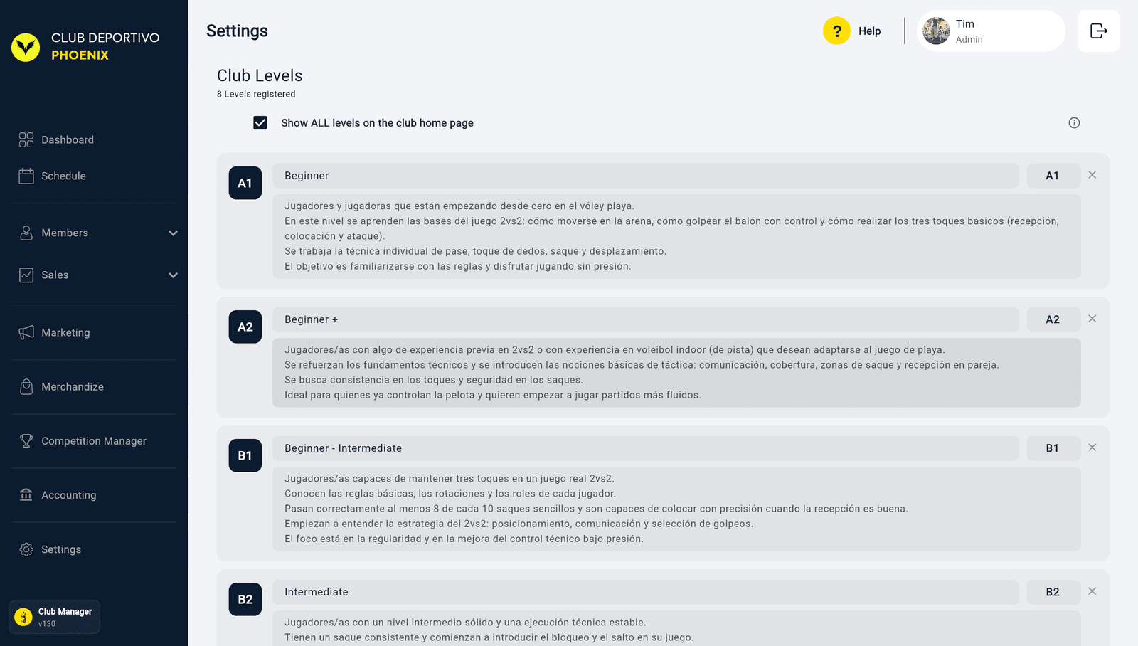 L'editor Club Levels con una scheda di livello che mostra Name, Abbr e Description